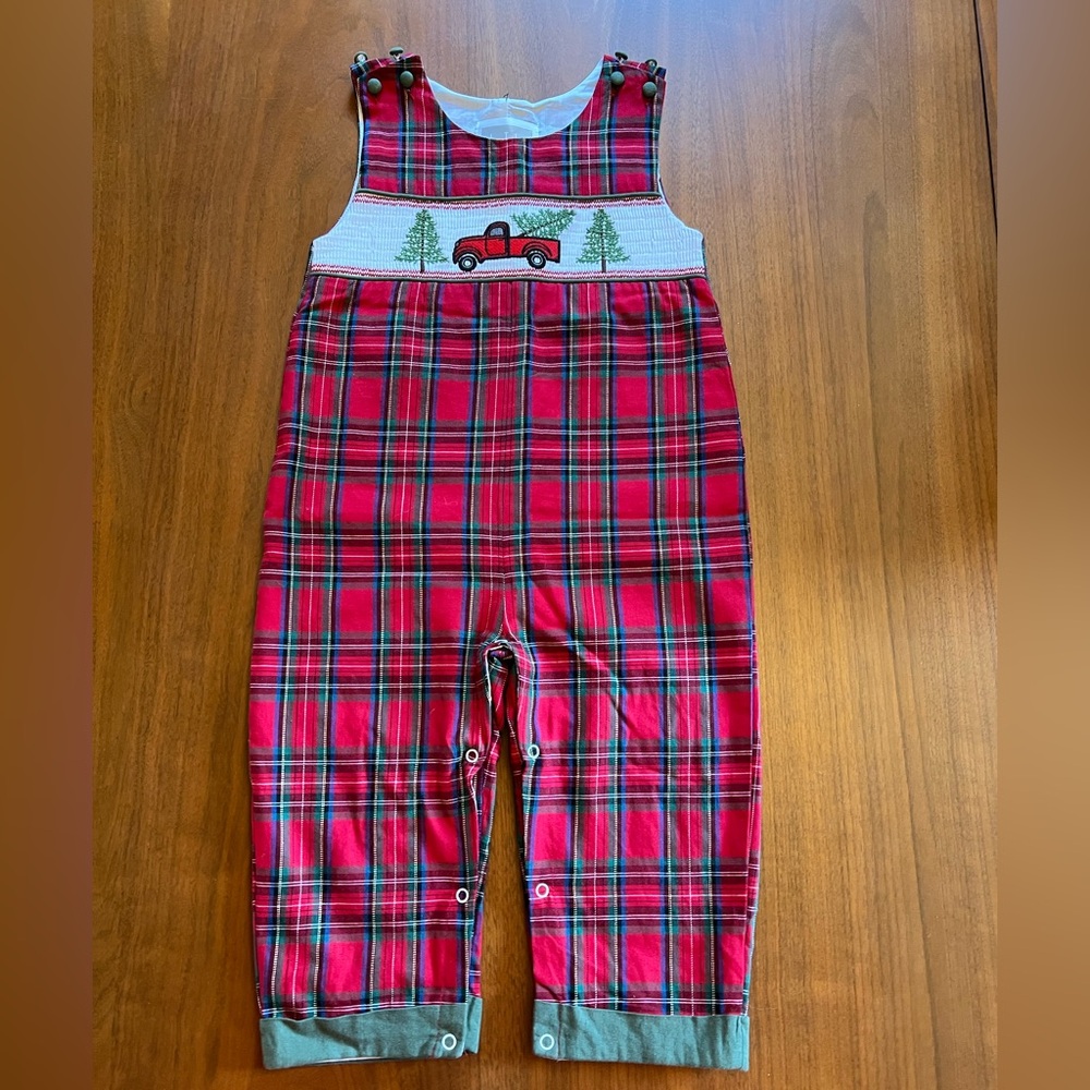 Lil Cactus Red Plaid Smocked Overalls with Truck Embroidery 2T